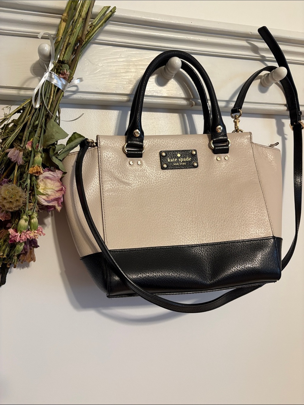 kate spade Two-Tone Pebbled Leather Satchel in Beige and Black